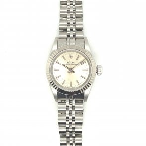 Pre-Owned Ladies Stainless Steel/18ct White Gold Silver Baton Dial Oyster Perpetual Non Date Rolex Watch