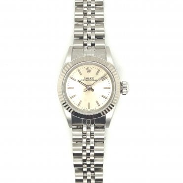 Pre-Owned Ladies Stainless Steel/18ct White Gold Silver Baton Dial Oyster Perpetual Non Date Rolex Watch